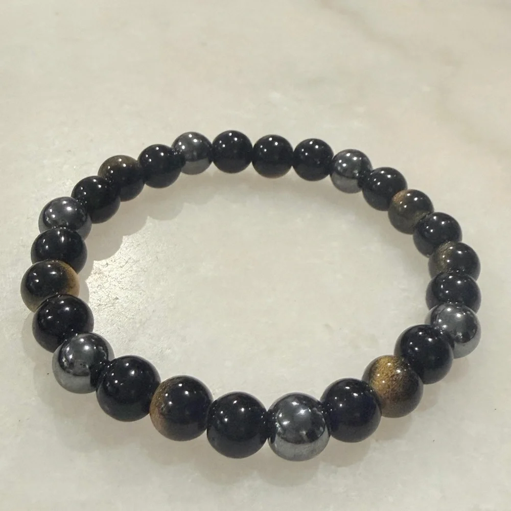Hematite Black and Brown Resin Beaded Stretch Bracelet